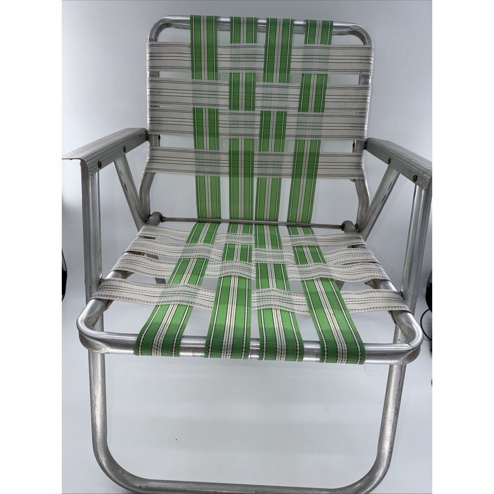 Vintage Aluminum Folding Chair Beach Garden Lawn Green & White
